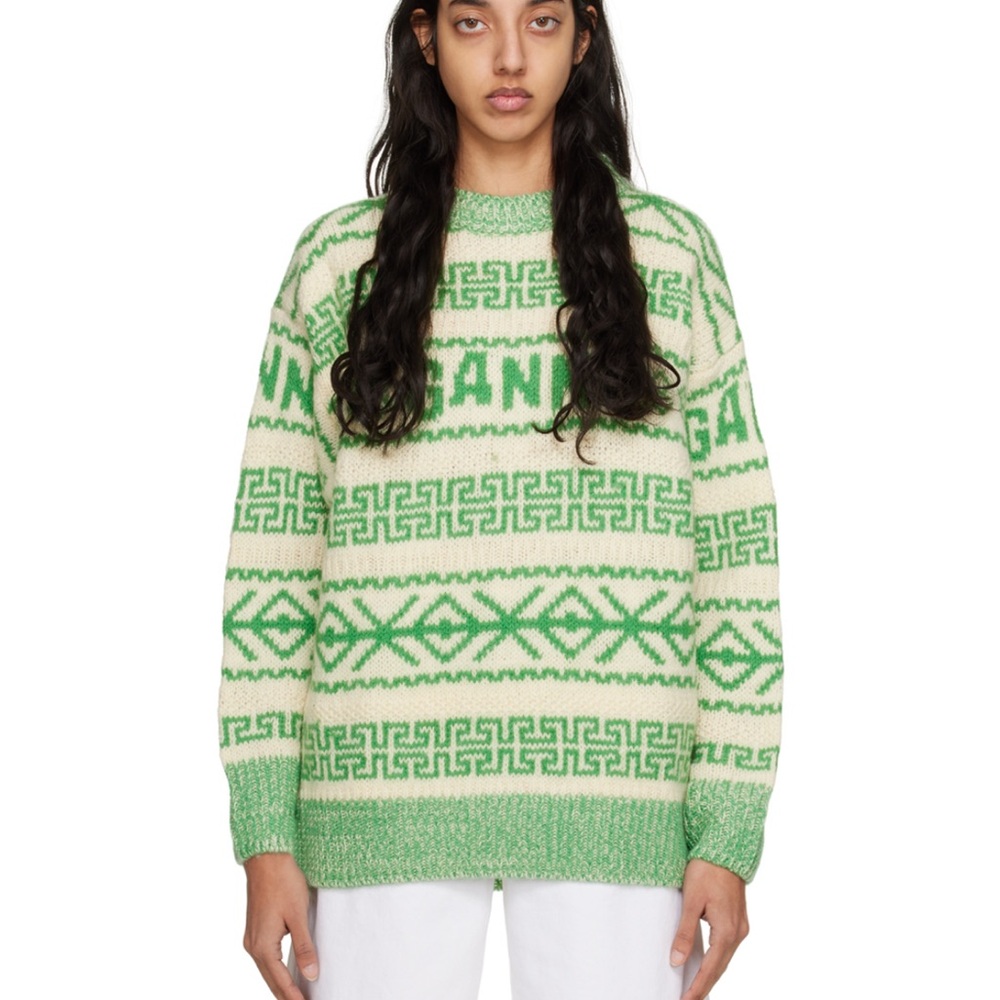 GANNI Egret Logo Fair Isle Sweater 100% Organic Wool Women - Picture 2 of 6
